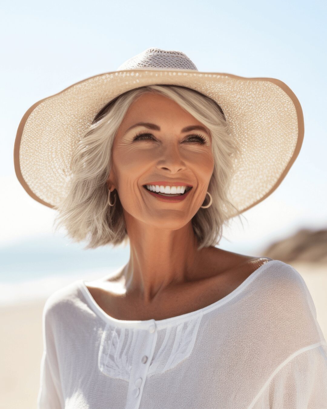 Mujer con piel madura en la playa con un sombrero