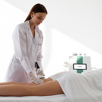 Doctora masajeando la pierna a una clienta con una máquina Zemits