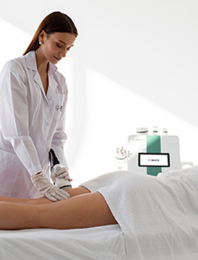 Doctora masajeando la pierna a una clienta con una máquina Zemits